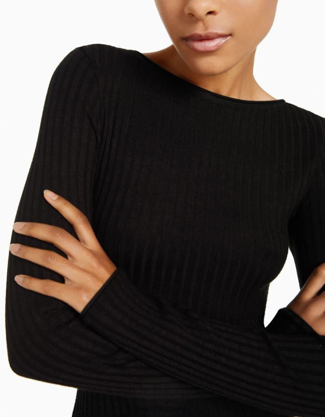 negro Bershka mujer vestido corto de canalé de manga larga 806J6B284