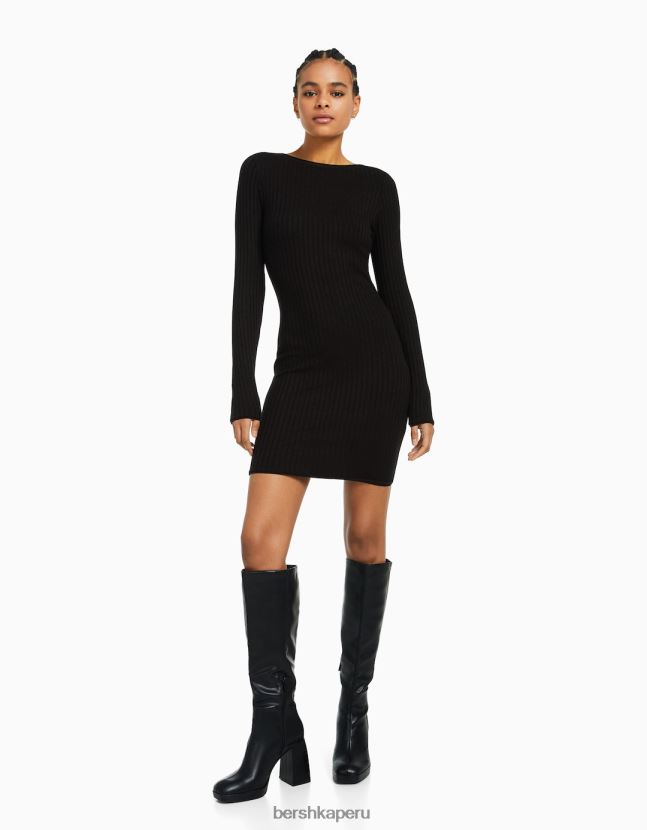 negro Bershka mujer vestido corto de canalé de manga larga 806J6B284