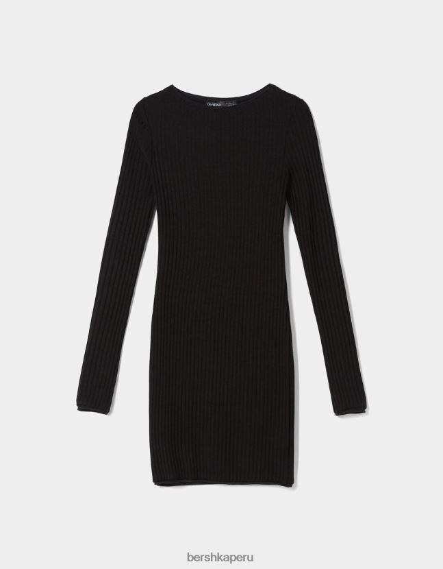 negro Bershka mujer vestido corto de canalé de manga larga 806J6B284