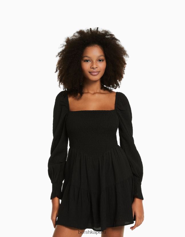 negro Bershka mujer vestido corto de manga larga voluminoso texturizado 806J6B223