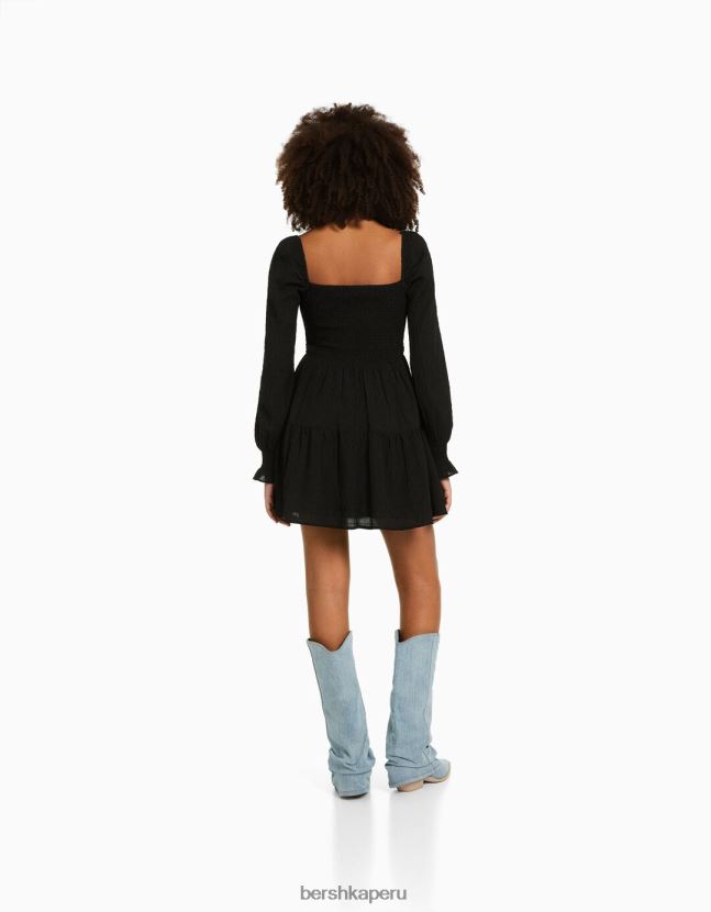 negro Bershka mujer vestido corto de manga larga voluminoso texturizado 806J6B223