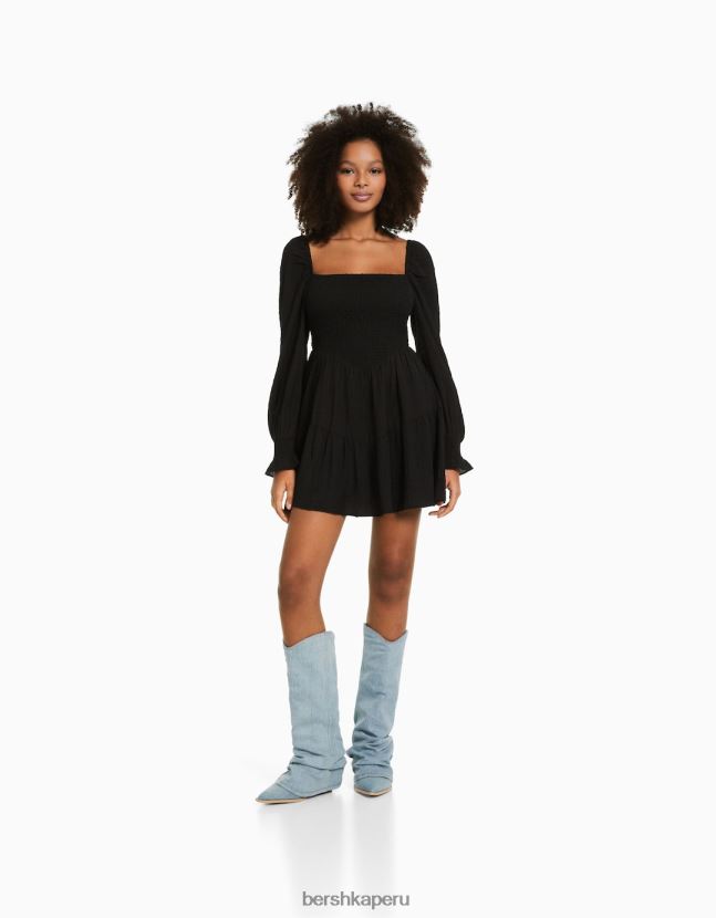 negro Bershka mujer vestido corto de manga larga voluminoso texturizado 806J6B223
