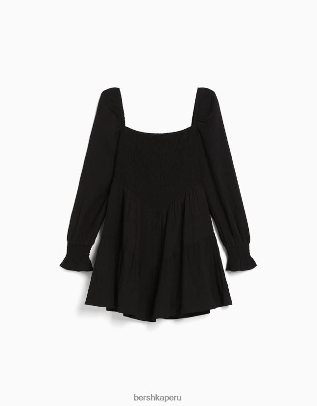 negro Bershka mujer vestido corto de manga larga voluminoso texturizado 806J6B223