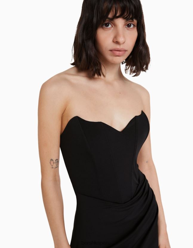 negro Bershka mujer vestido corto tipo corsé con bajo cruzado 806J6B125
