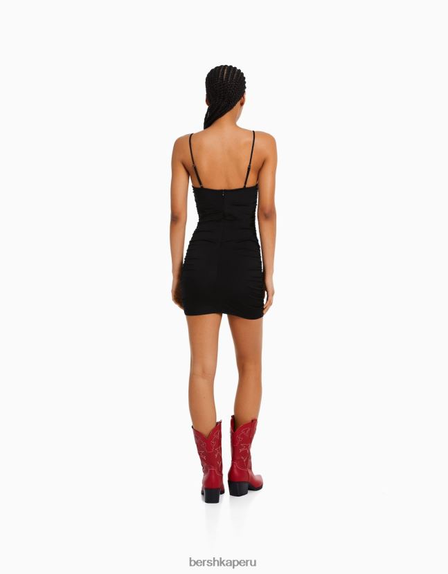 negro Bershka mujer vestido fruncido con detalle de escote 806J6B148