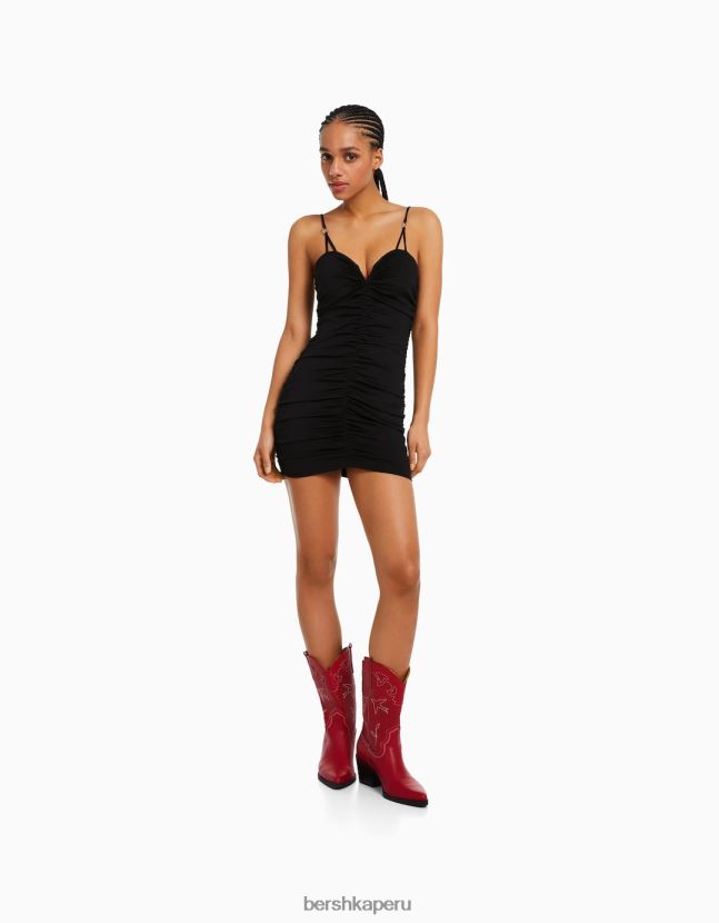 negro Bershka mujer vestido fruncido con detalle de escote 806J6B148