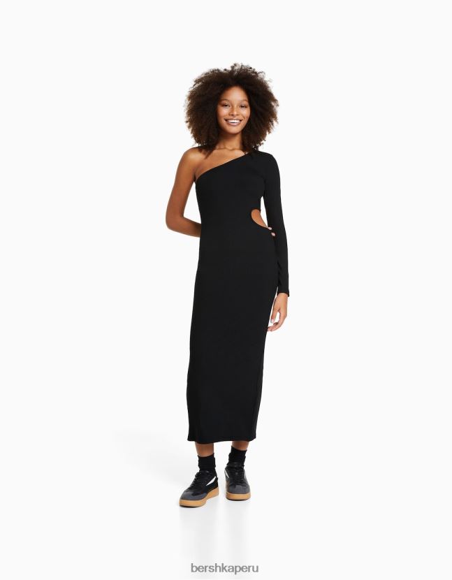 negro Bershka mujer vestido largo asimétrico con manga larga y detalle de abertura 806J6B241