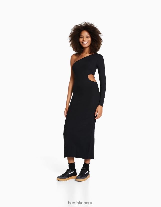 negro Bershka mujer vestido largo asimétrico con manga larga y detalle de abertura 806J6B241