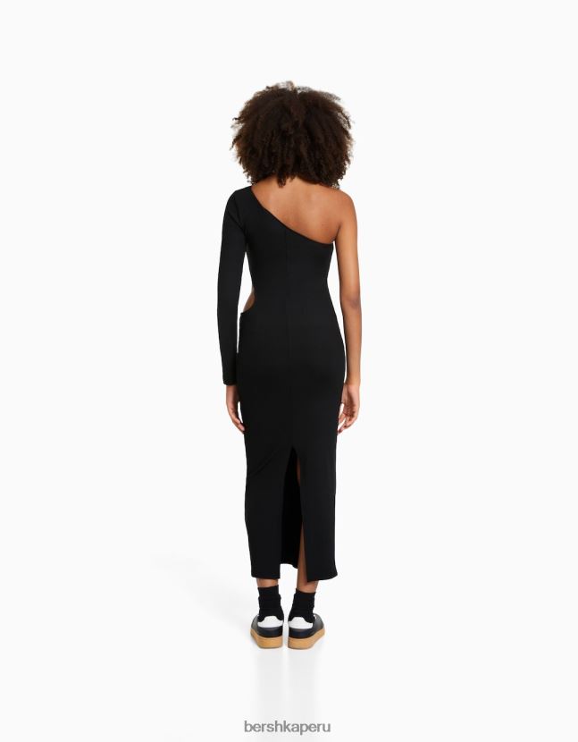 negro Bershka mujer vestido largo asimétrico con manga larga y detalle de abertura 806J6B241