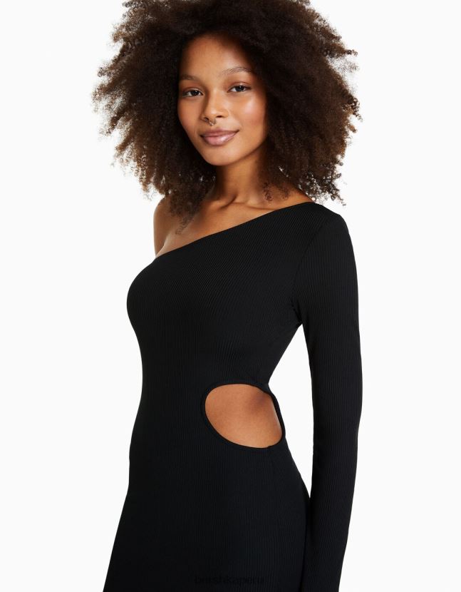 negro Bershka mujer vestido largo asimétrico con manga larga y detalle de abertura 806J6B241