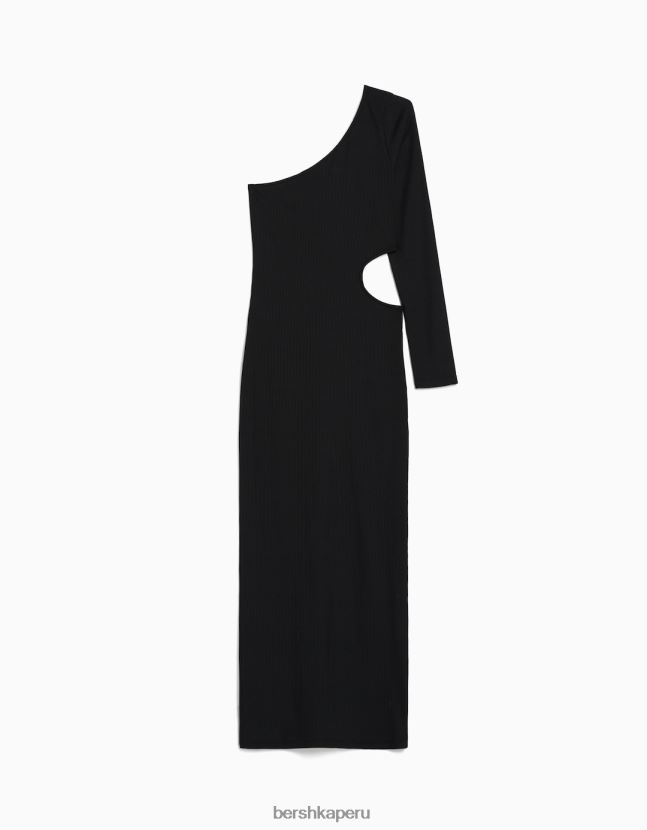 negro Bershka mujer vestido largo asimétrico con manga larga y detalle de abertura 806J6B241