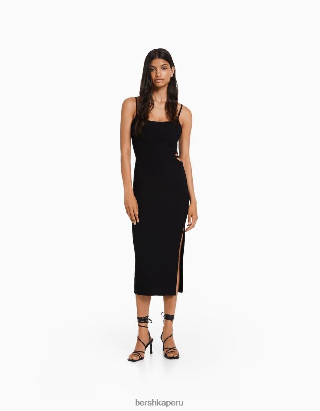 negro Bershka mujer vestido largo de canalé ajustado con tiras y detalle de aberturas 806J6B10