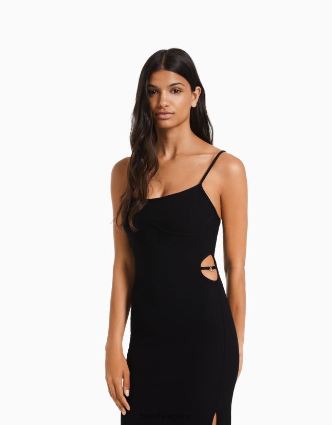 negro Bershka mujer vestido largo de canalé ajustado con tiras y detalle de aberturas 806J6B10