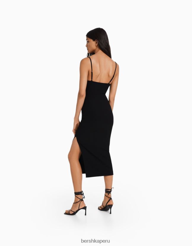 negro Bershka mujer vestido largo de canalé ajustado con tiras y detalle de aberturas 806J6B10