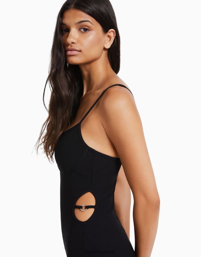 negro Bershka mujer vestido largo de canalé ajustado con tiras y detalle de aberturas 806J6B10