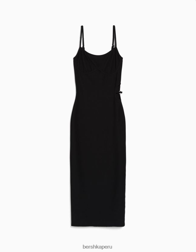 negro Bershka mujer vestido largo de canalé ajustado con tiras y detalle de aberturas 806J6B10