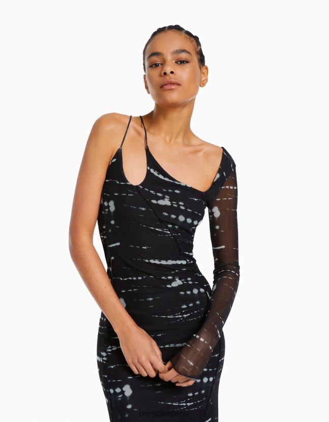 negro Bershka mujer vestido largo de tul con manga larga y estampado 806J6B246