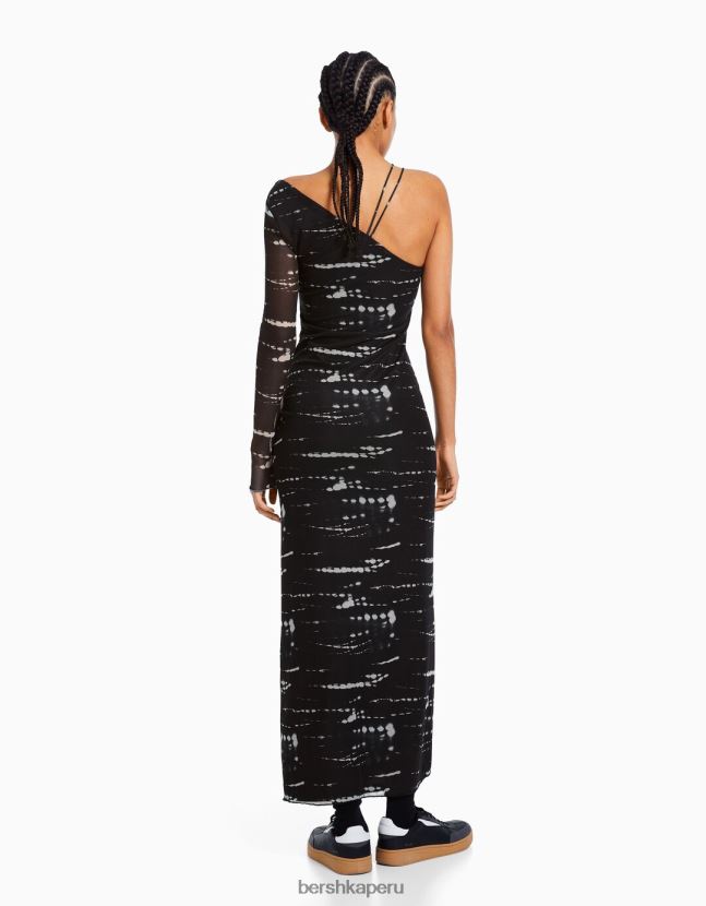 negro Bershka mujer vestido largo de tul con manga larga y estampado 806J6B246