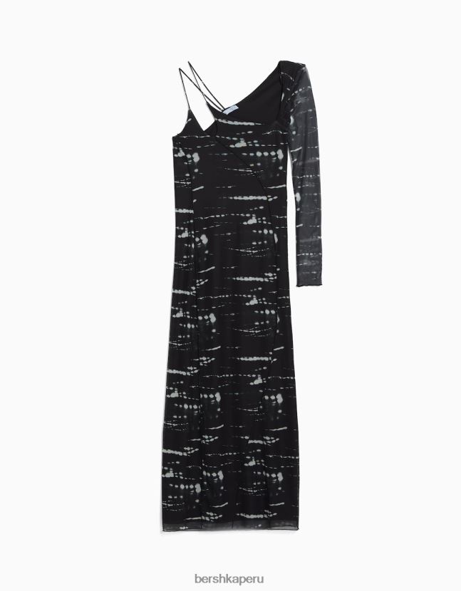 negro Bershka mujer vestido largo de tul con manga larga y estampado 806J6B246