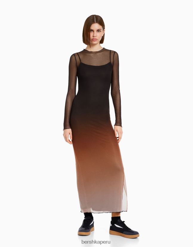 negro Bershka mujer vestido largo de tul con manga larga y estampado 806J6B252