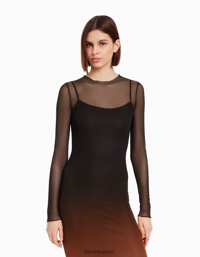 negro Bershka mujer vestido largo de tul con manga larga y estampado 806J6B252