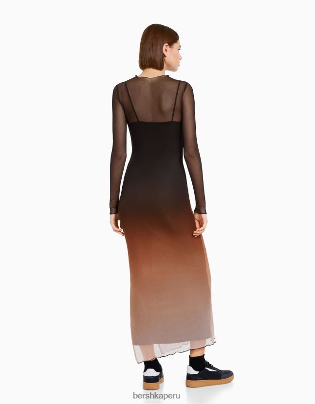 negro Bershka mujer vestido largo de tul con manga larga y estampado 806J6B252