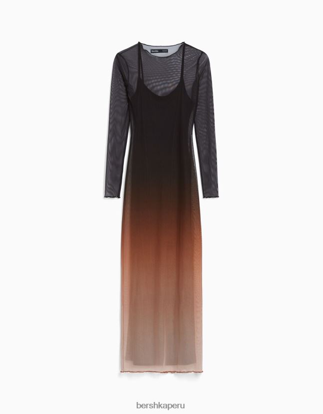 negro Bershka mujer vestido largo de tul con manga larga y estampado 806J6B252