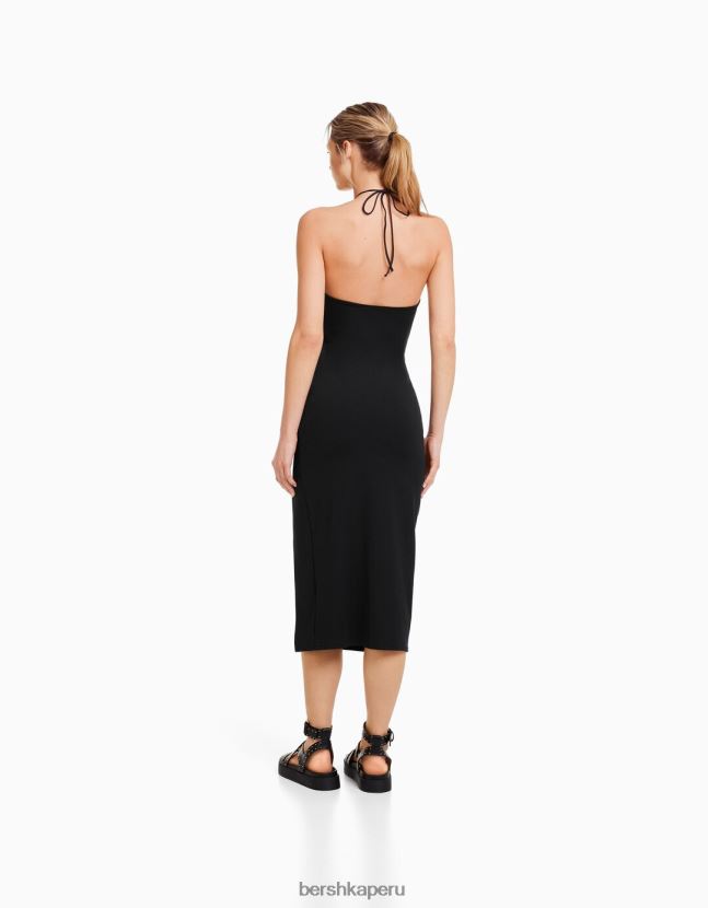 negro Bershka mujer vestido midi ajustado con detalle de cuello 806J6B79