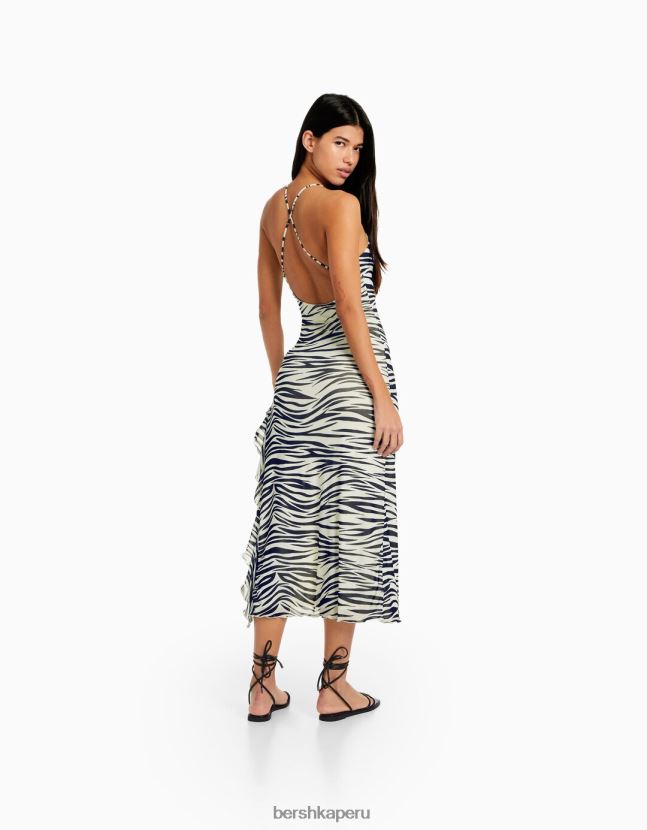 negro Bershka mujer vestido midi con tirantes de malla con volantes 806J6B34