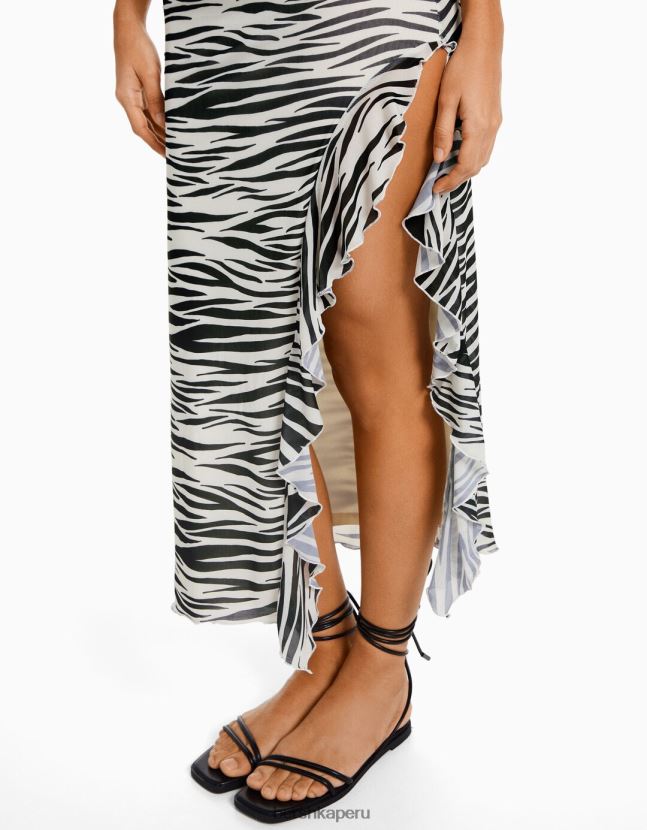 negro Bershka mujer vestido midi con tirantes de malla con volantes 806J6B34