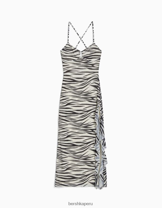 negro Bershka mujer vestido midi con tirantes de malla con volantes 806J6B34