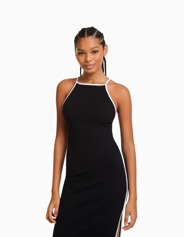 negro Bershka mujer vestido midi con tirantes en contraste 806J6B192