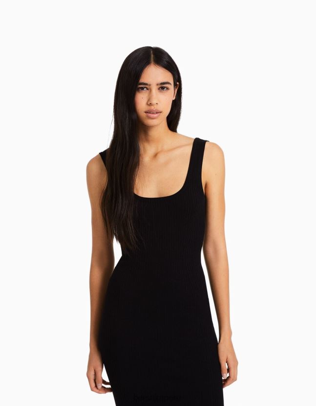 negro Bershka mujer vestido midi de canalé con tiras 806J6B102