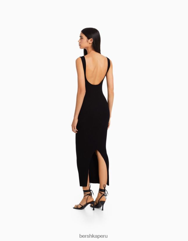 negro Bershka mujer vestido midi de canalé con tiras 806J6B102