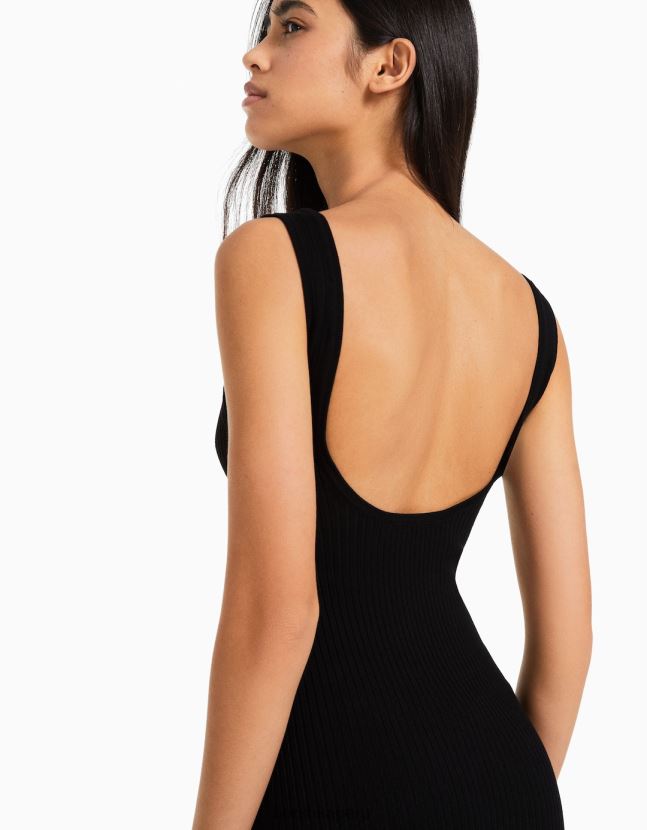 negro Bershka mujer vestido midi de canalé con tiras 806J6B102