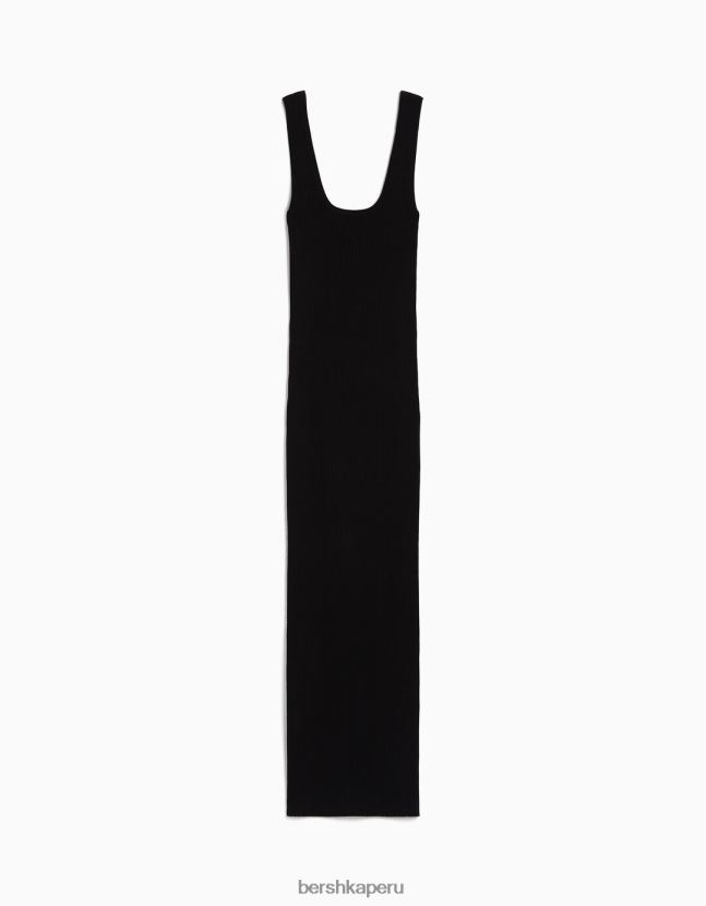 negro Bershka mujer vestido midi de canalé con tiras 806J6B102