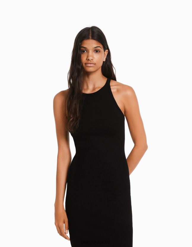 negro Bershka mujer vestido midi de canalé sin mangas 806J6B5