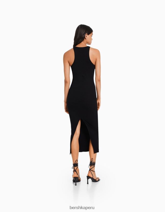 negro Bershka mujer vestido midi de canalé sin mangas 806J6B5