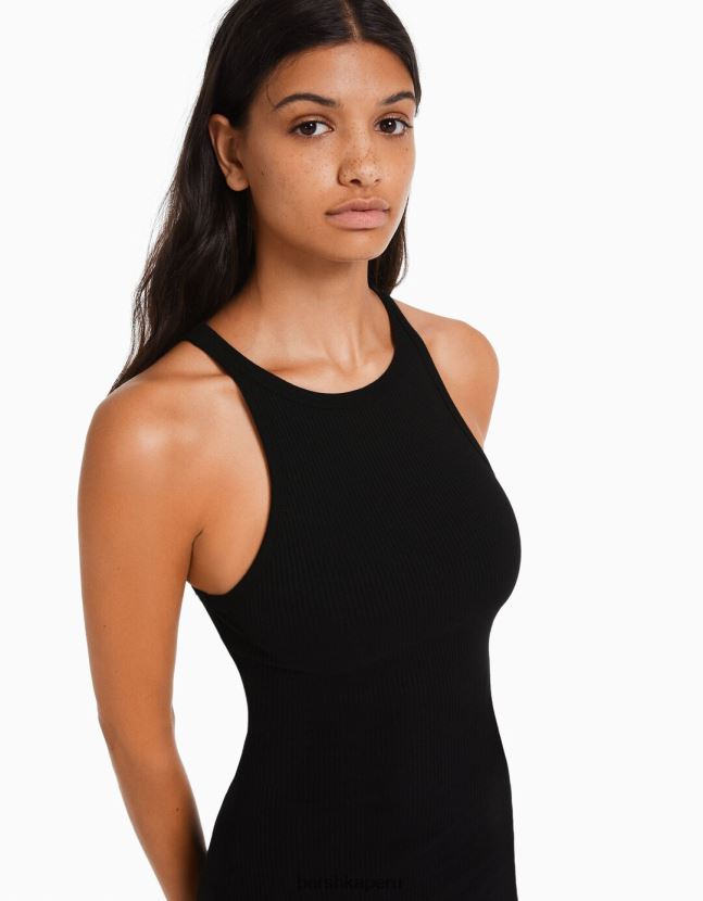 negro Bershka mujer vestido midi de canalé sin mangas 806J6B5
