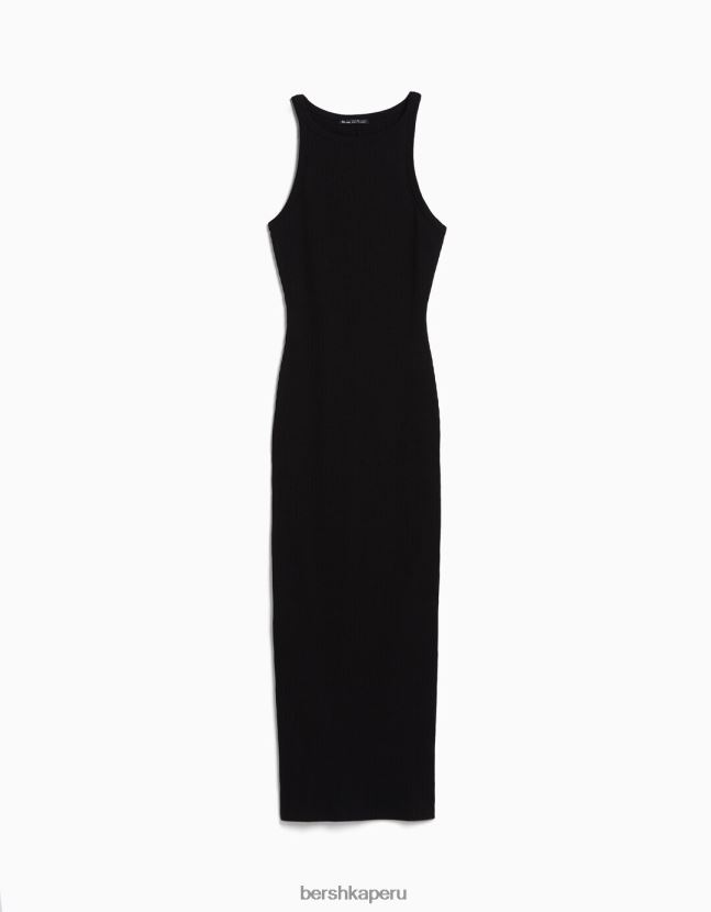 negro Bershka mujer vestido midi de canalé sin mangas 806J6B5