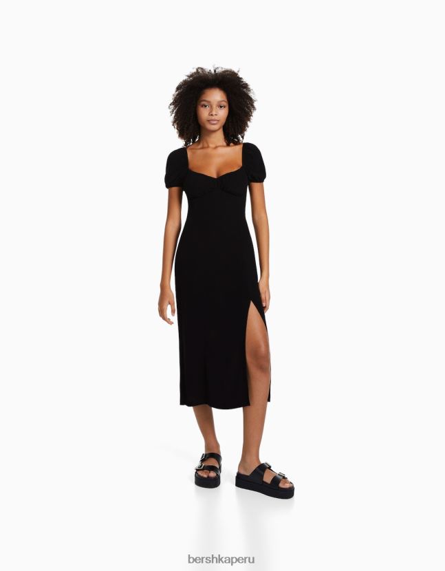 negro Bershka mujer vestido midi de manga corta 806J6B217