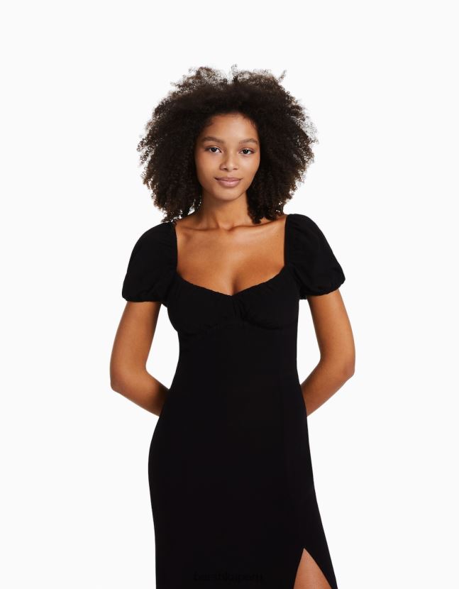 negro Bershka mujer vestido midi de manga corta 806J6B217