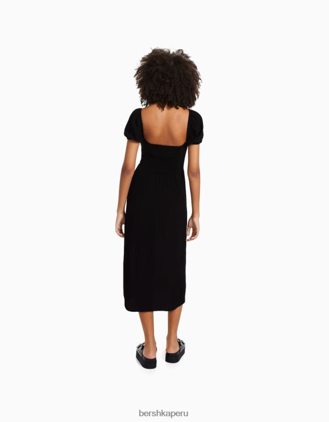 negro Bershka mujer vestido midi de manga corta 806J6B217