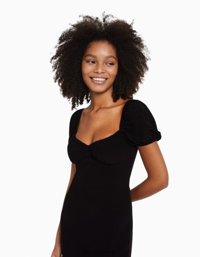 negro Bershka mujer vestido midi de manga corta 806J6B217
