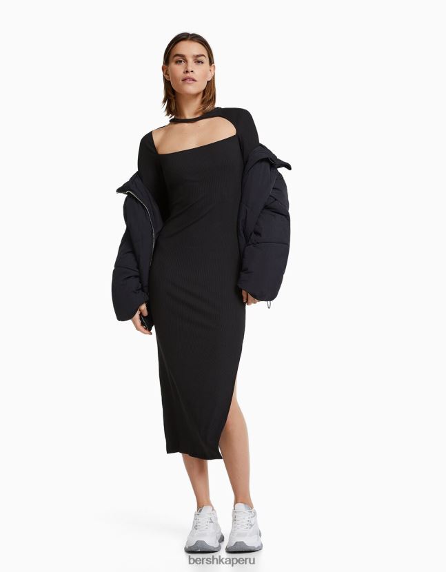 negro Bershka mujer vestido midi de manga larga y escote asimétrico 806J6B258