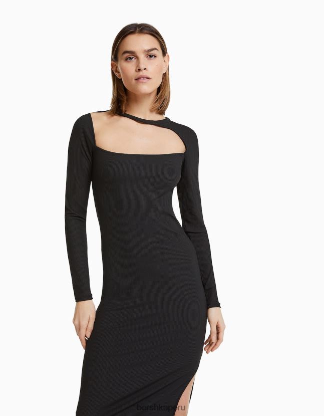 negro Bershka mujer vestido midi de manga larga y escote asimétrico 806J6B258