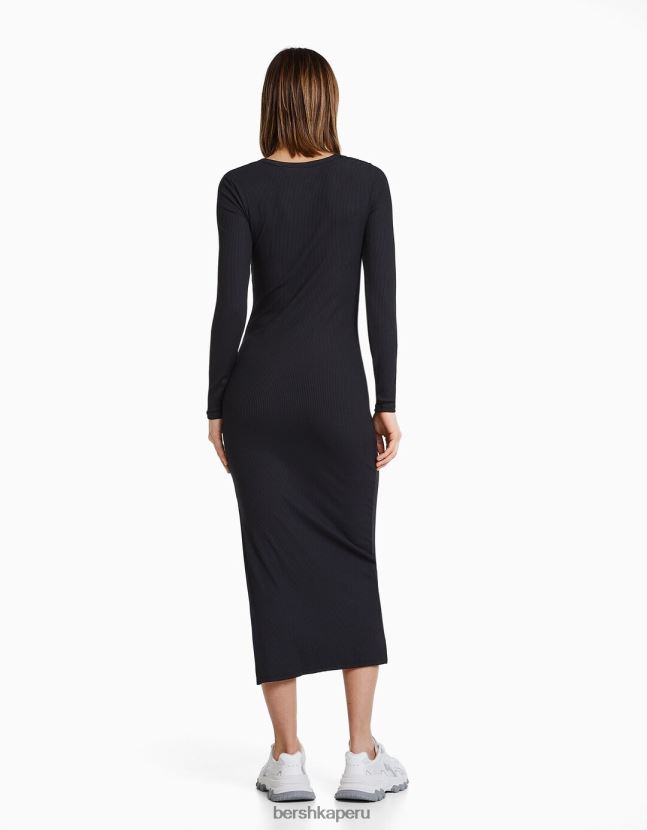 negro Bershka mujer vestido midi de manga larga y escote asimétrico 806J6B258