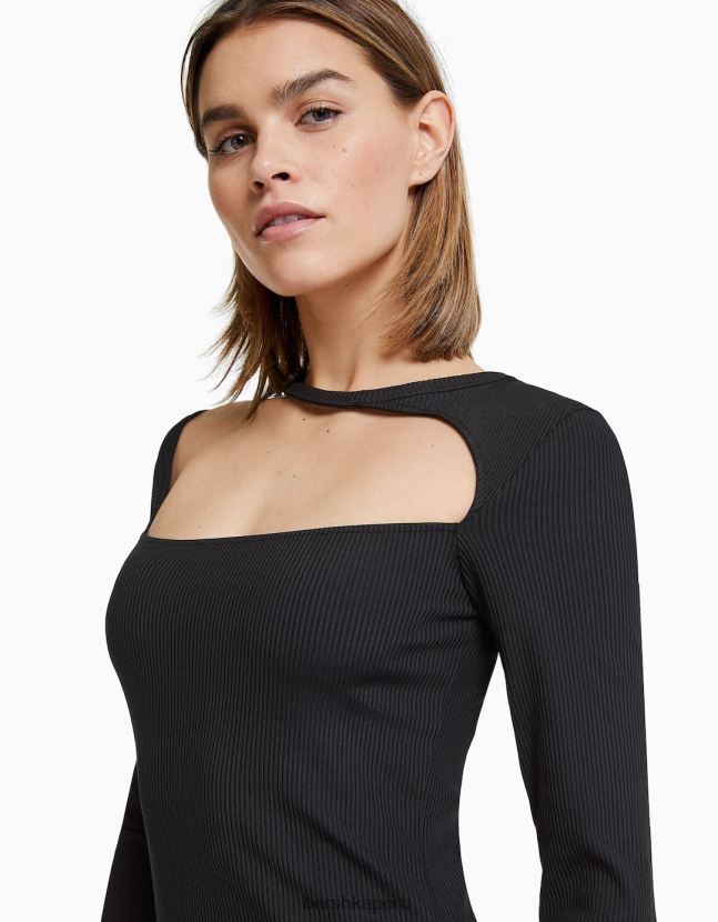 negro Bershka mujer vestido midi de manga larga y escote asimétrico 806J6B258