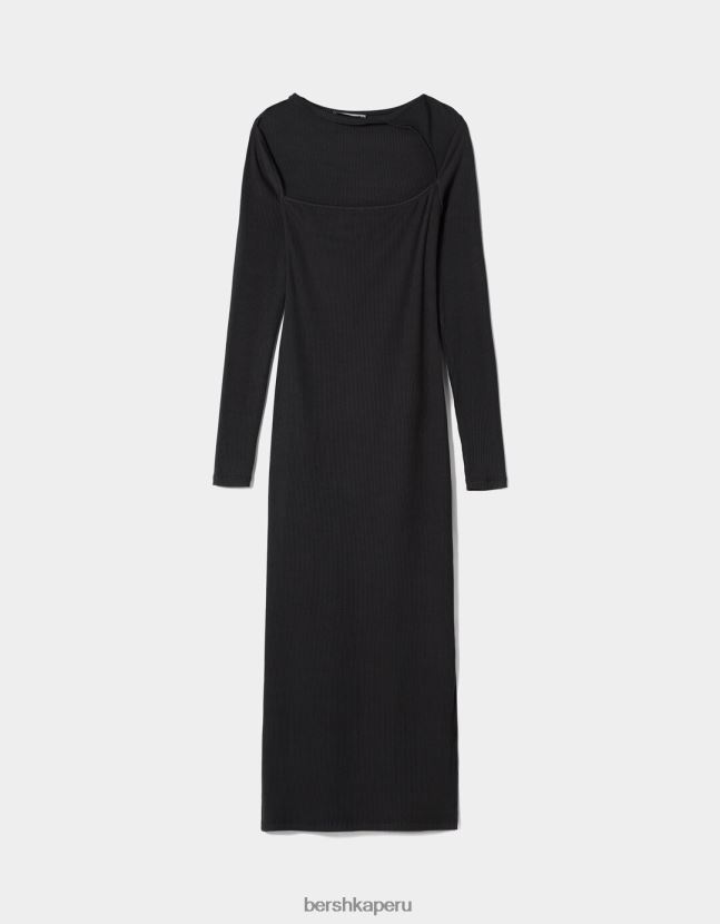 negro Bershka mujer vestido midi de manga larga y escote asimétrico 806J6B258