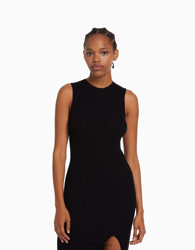 negro Bershka mujer vestido midi de punto sin mangas 806J6B221